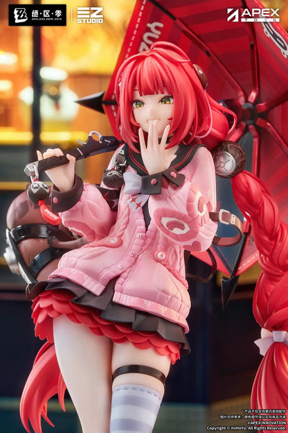 Zenless Zone Zero Yuzuha Ukinami 1/7 Scale Figure by APEX Toys featuring a red-haired anime girl with long braided twin-tails, green eyes, a pink jacket, layered red skirt, striped thigh-high stockings, and black boots while holding a large red umbrella on a circular display base.