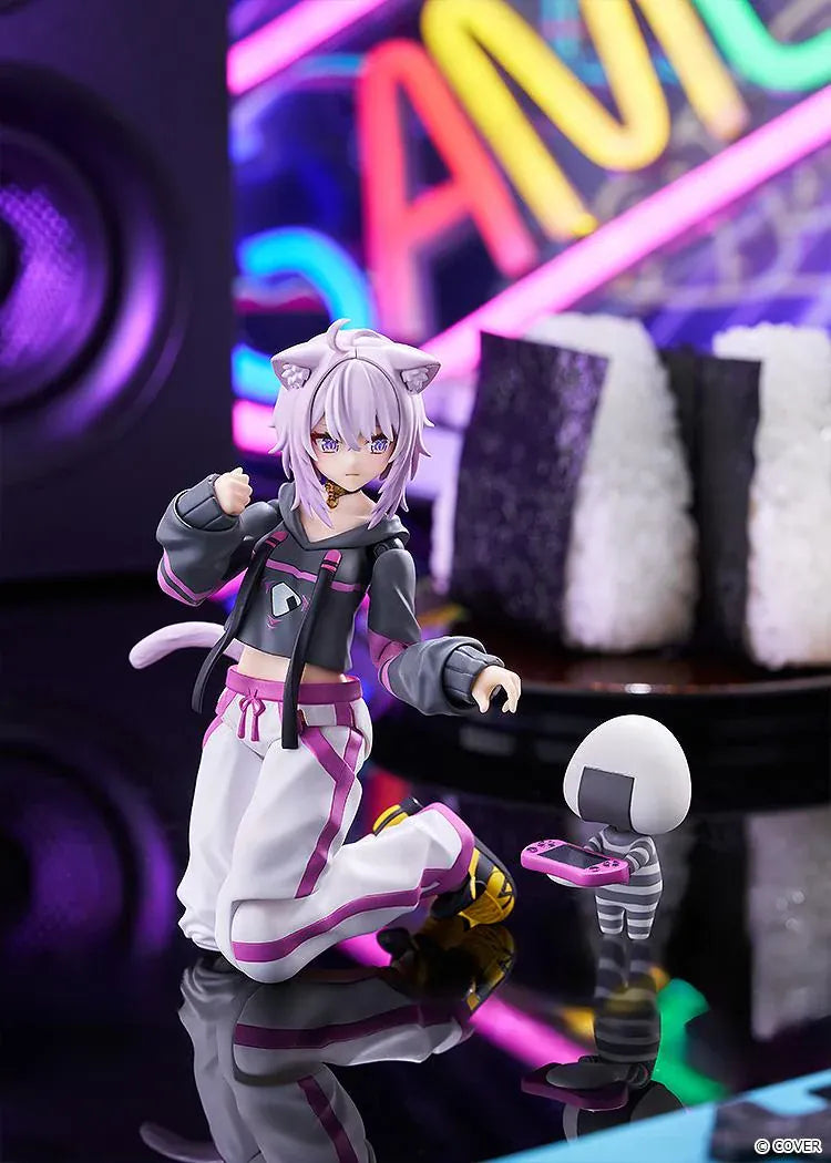 hololive production figma Nekomata Okayu Figure with lavender hair, cat ears and tail wearing her signature black purple and white outfit