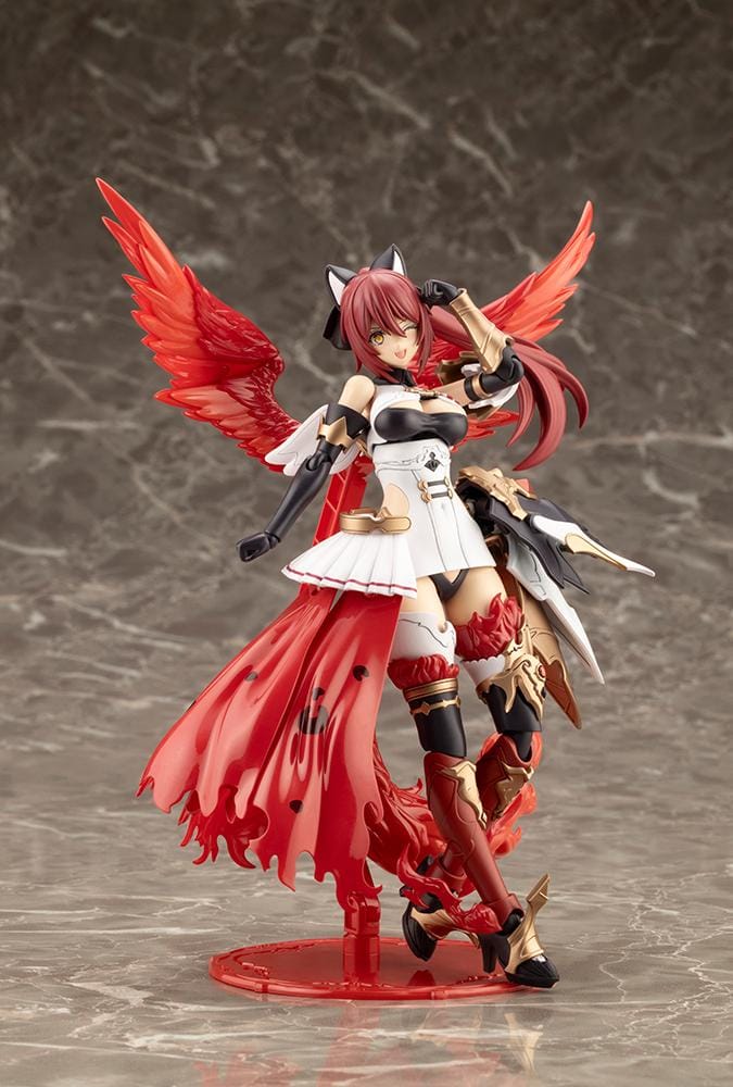 Assembled Arcanadea Charmed model kit with red hair, animal ears, a white and black outfit, gold armor accents, and a sweeping flame-like red tail.