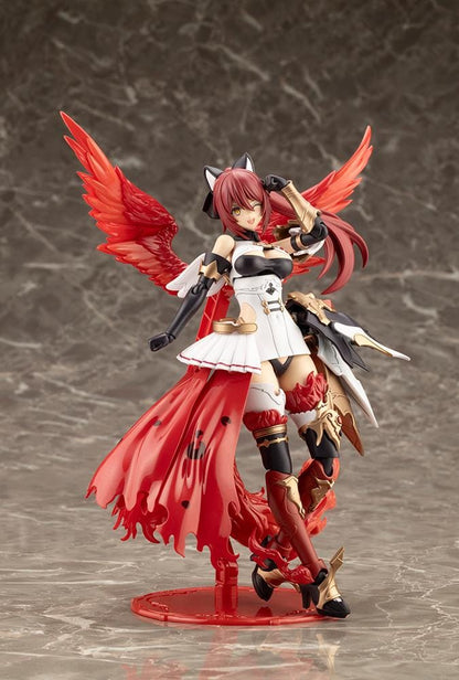 Assembled Arcanadea Charmed model kit with red hair, animal ears, a white and black outfit, gold armor accents, and a sweeping flame-like red tail.