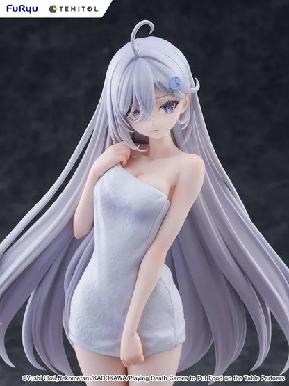 Playing Death Games to Put Food on the Table Tenitol Tall Yuki Golden Bath Ver figure with long silver hair and white towel design.