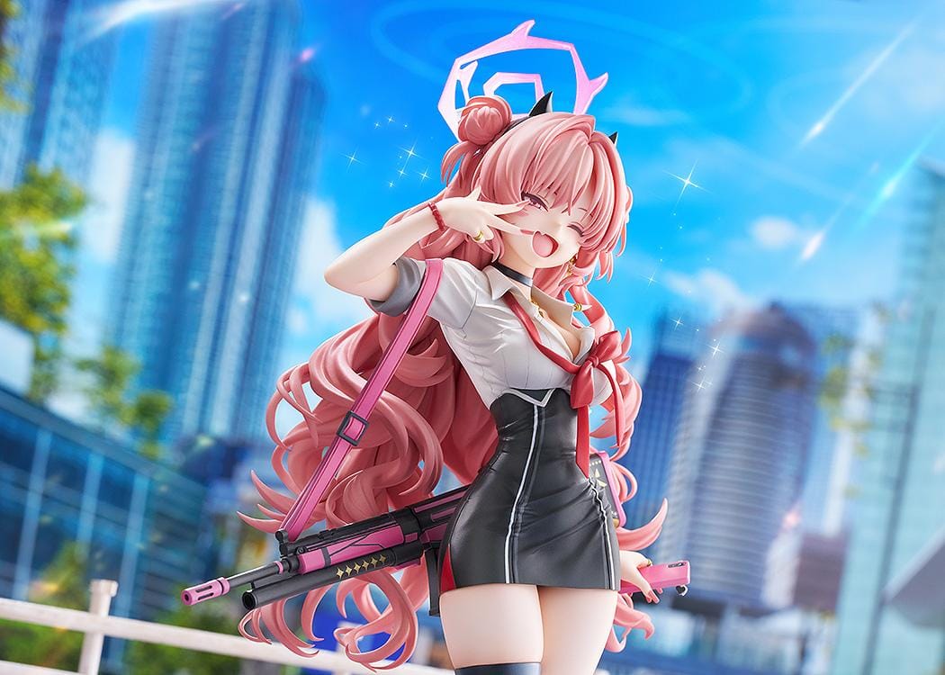 Blue Archive Kirara 1/7 scale figure with long pink hair, school uniform, pink and black weapon, halo, and translucent pink display base