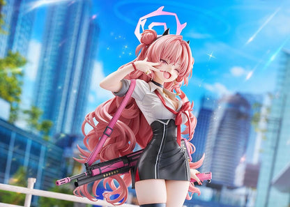 Blue Archive Kirara 1/7 scale figure with long pink hair, school uniform, pink and black weapon, halo, and translucent pink display base