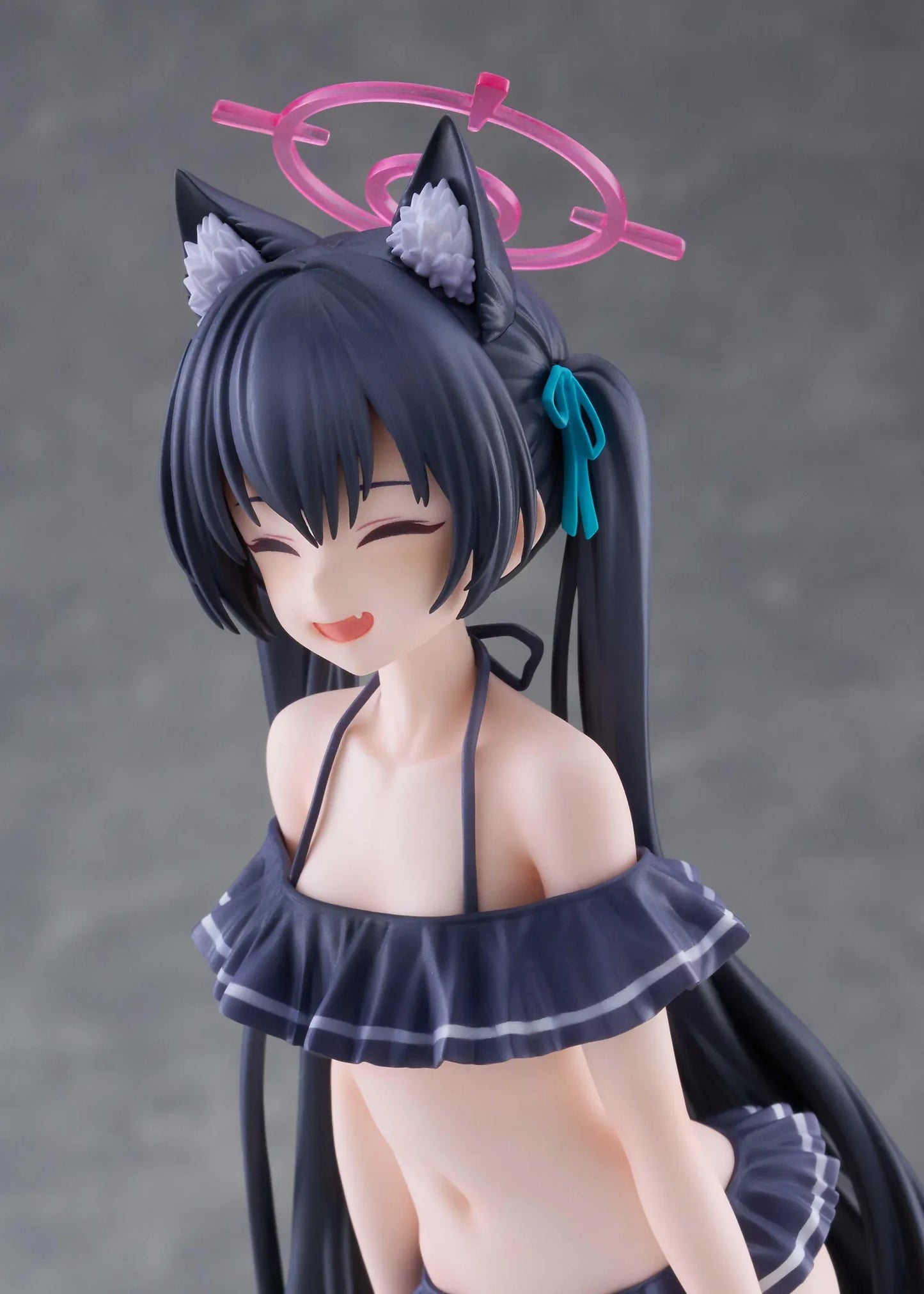 Blue Archive Serika Swimsuit 1/7 Scale Figure featuring Serika with long black hair, cat ears, dark frilled swimsuit, pink halo, platform sandals, and display base.