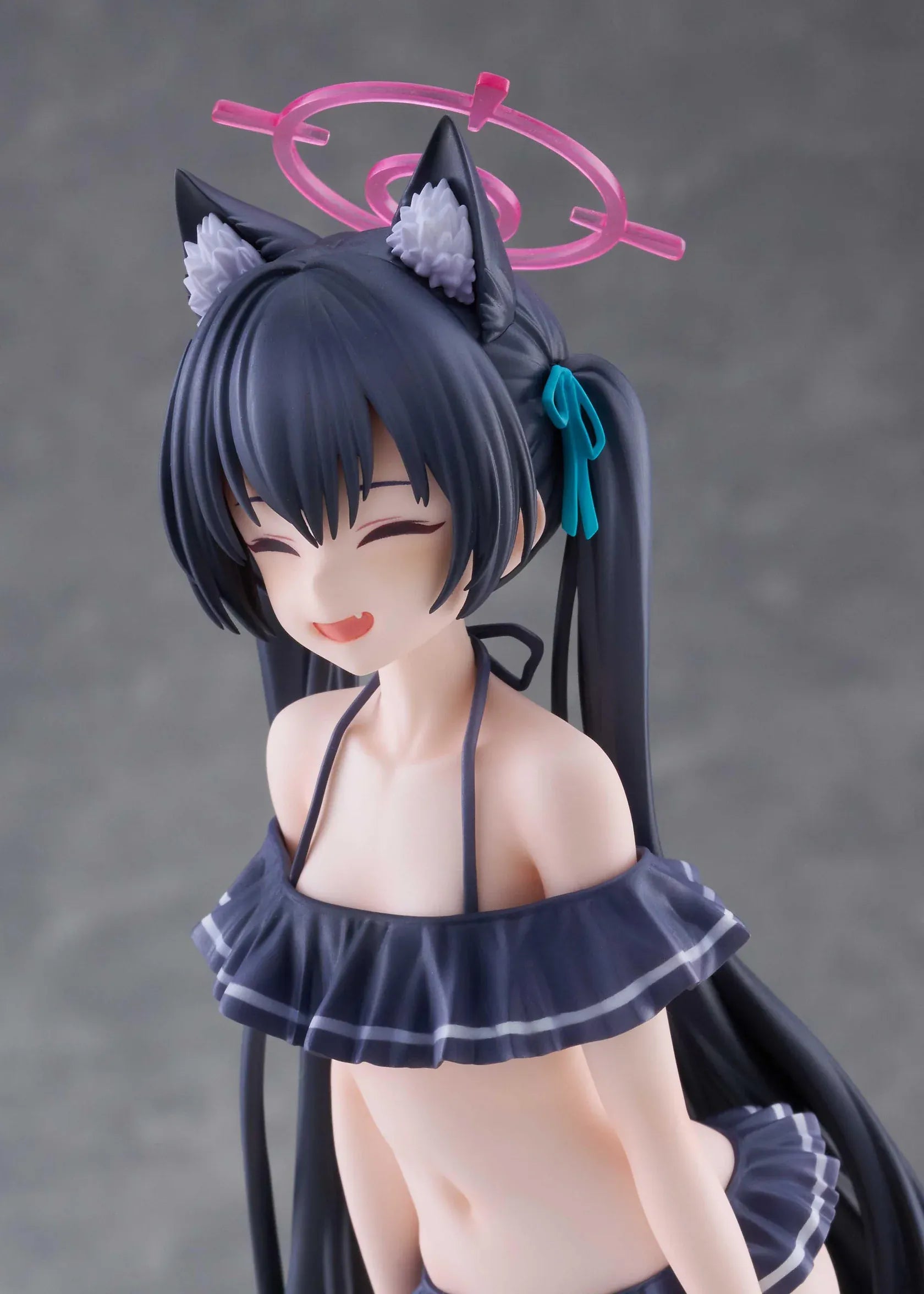 Blue Archive Serika Swimsuit 1/7 Scale Figure featuring Serika with long black hair, cat ears, dark frilled swimsuit, pink halo, platform sandals, and display base.