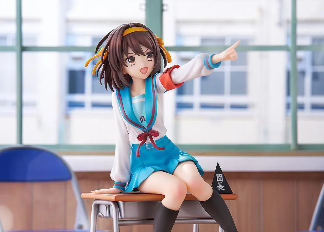 Haruhi Suzumiya 20th Anniversary 1/7 scale figure sitting on desk in school uniform