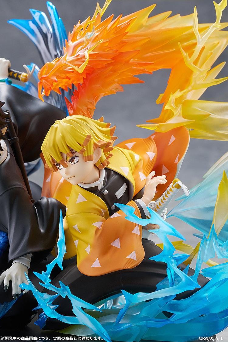 Zenitsu Agatsuma and Kaigaku Demon Slayer figure with lightning effects in dynamic battle pose