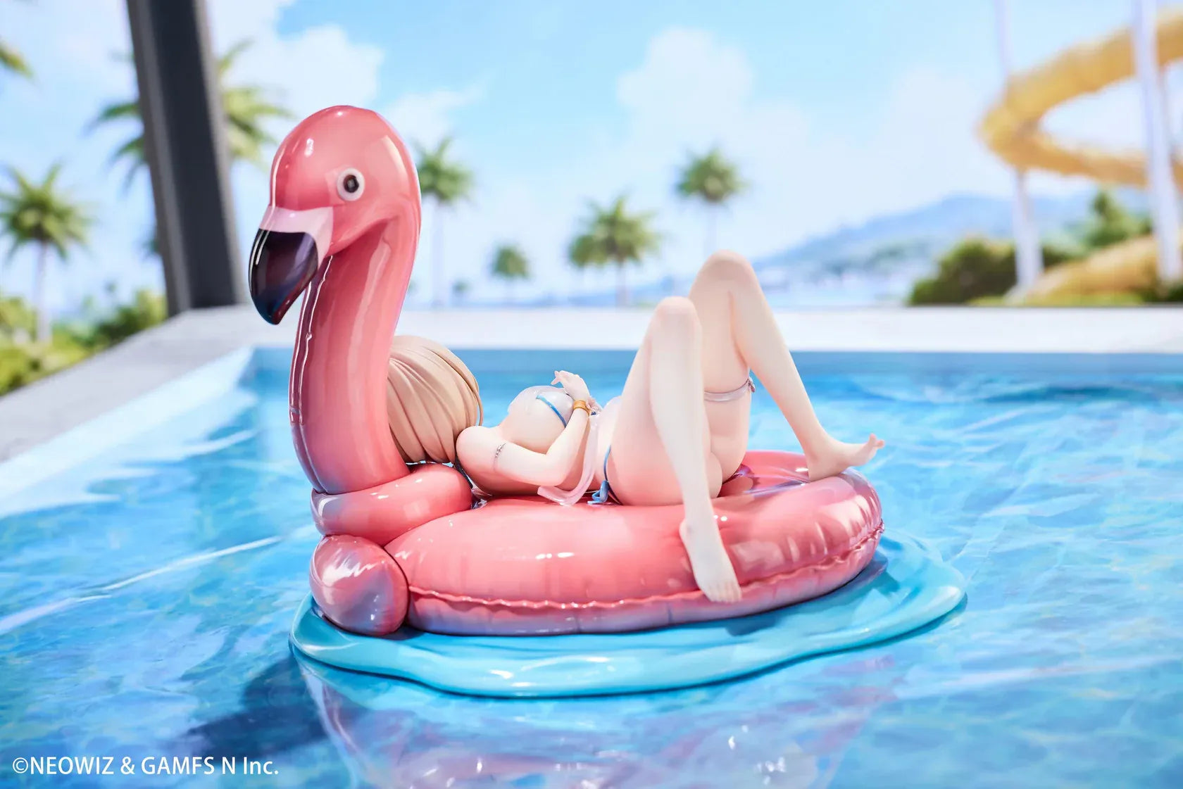 Brown Dust 2 Hot Summer Dream Justia 1/7 Scale Figure relaxing on a pink flamingo float with a water-themed display base