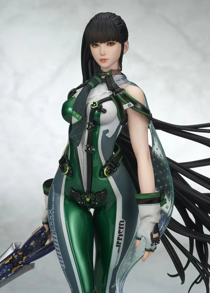 Stellar Blade Eve non-scale figure in a futuristic green and gray combat suit holding a long sword with flowing black hair