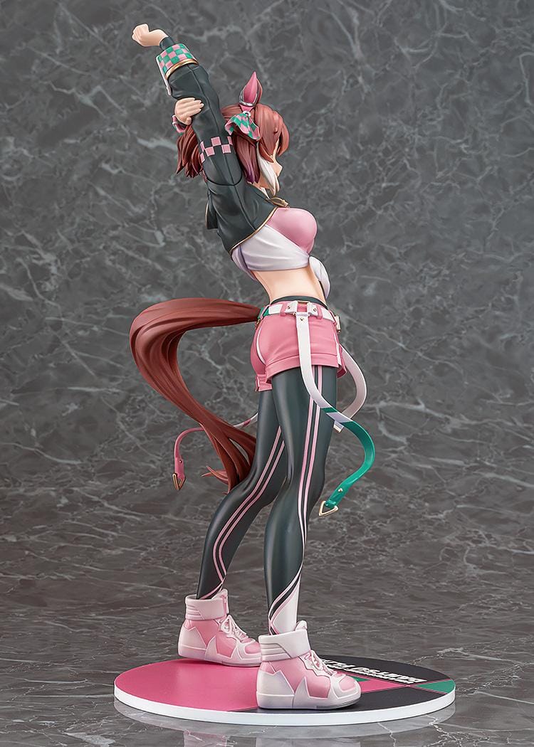 Uma Musume Pretty Derby Dantsu Flame 1/7 scale figure in pink athletic outfit with dynamic stretching pose and themed base