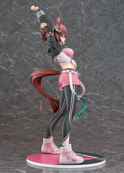 Uma Musume Pretty Derby Dantsu Flame 1/7 scale figure in pink athletic outfit with dynamic stretching pose and themed base
