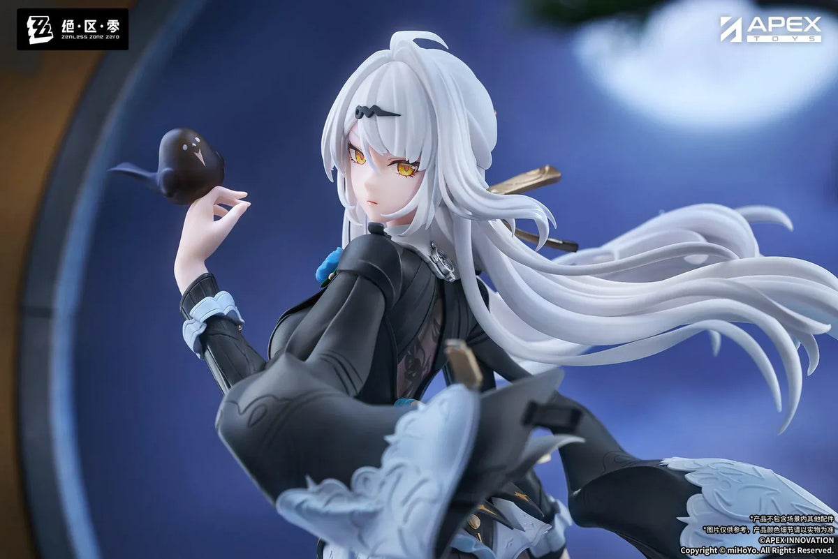 Zenless Zone Zero Limepie Yixuan Trails of Ink Ver. 1/8 Scale Figure by APEX Toys featuring a white-haired anime woman with golden eyes wearing a black outfit with white embroidered accents, sheer stockings, and black heels while holding a small brown bird on a circular display base.