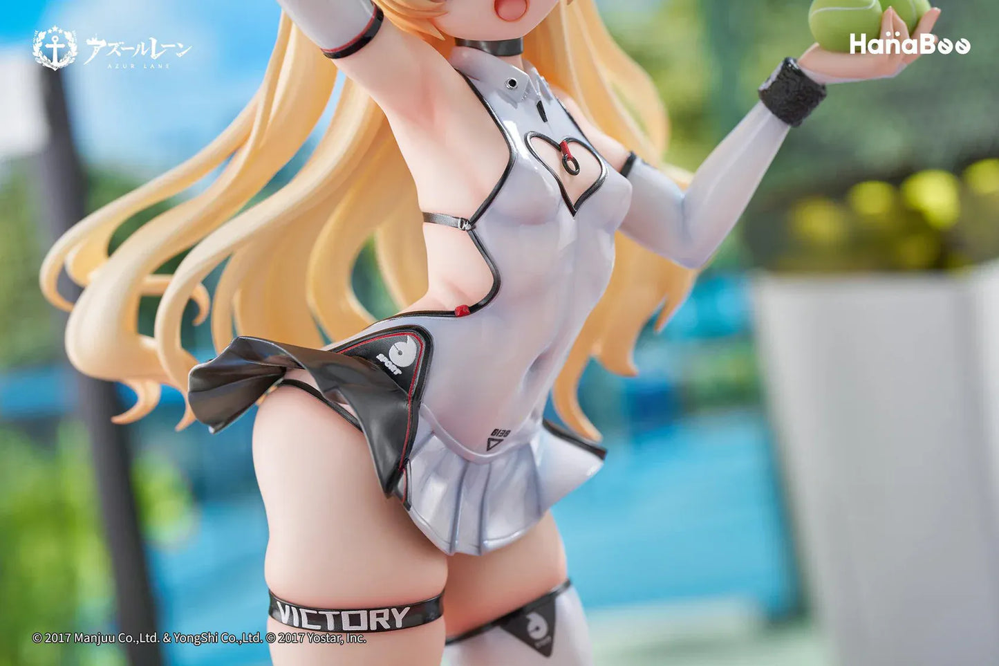 Azur Lane Bache Showy Sports Star Deluxe Ver. 1/6 Scale Figure featuring Bache in a tennis-inspired outfit with racket, tennis balls, display base, bonus artwork, and character can badge.