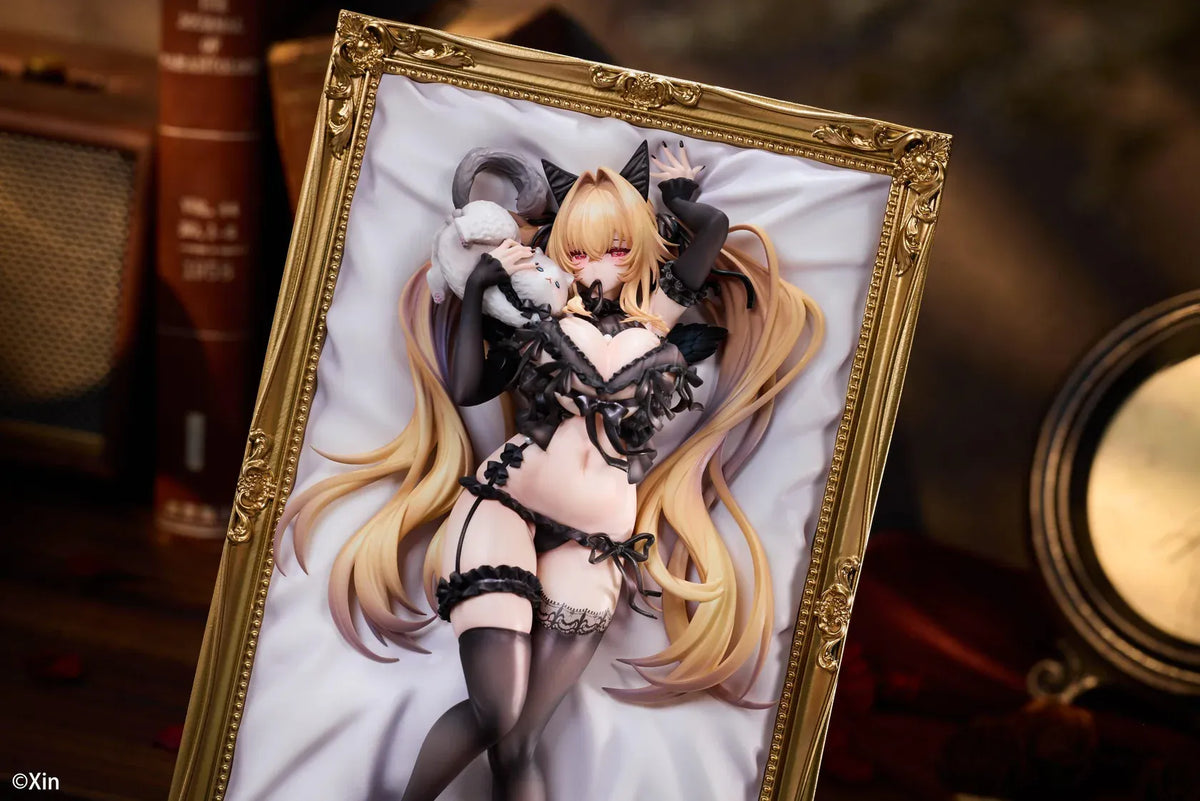 Stella Black Cat Ver. Deluxe Edition 1/7 Scale Figure illustrated by Xin, featuring a blonde-haired catgirl with red eyes, black lace lingerie, cat ears, and thigh-high stockings displayed in an ornate golden frame with a matching illustrated wall scroll.