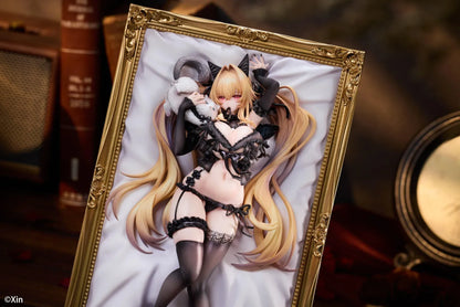 Stella Black Cat Ver. Deluxe Edition 1/7 Scale Figure illustrated by Xin, featuring a blonde-haired catgirl with red eyes, black lace lingerie, cat ears, and thigh-high stockings displayed in an ornate golden frame with a matching illustrated wall scroll.