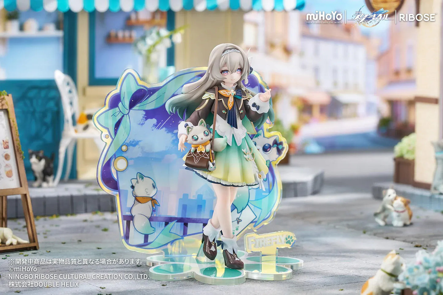 Honkai Star Rail Rise Up+ Chibi Cat Series Firefly Figure featuring Firefly in a cute chibi-style outfit with cat-themed display accents, colorful backdrop, and themed base.