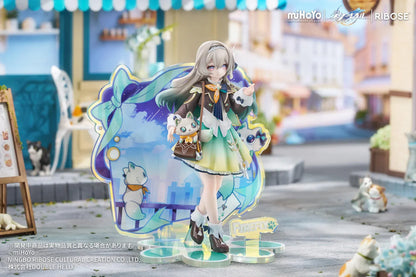 Honkai Star Rail Rise Up+ Chibi Cat Series Firefly Figure featuring Firefly in a cute chibi-style outfit with cat-themed display accents, colorful backdrop, and themed base.
