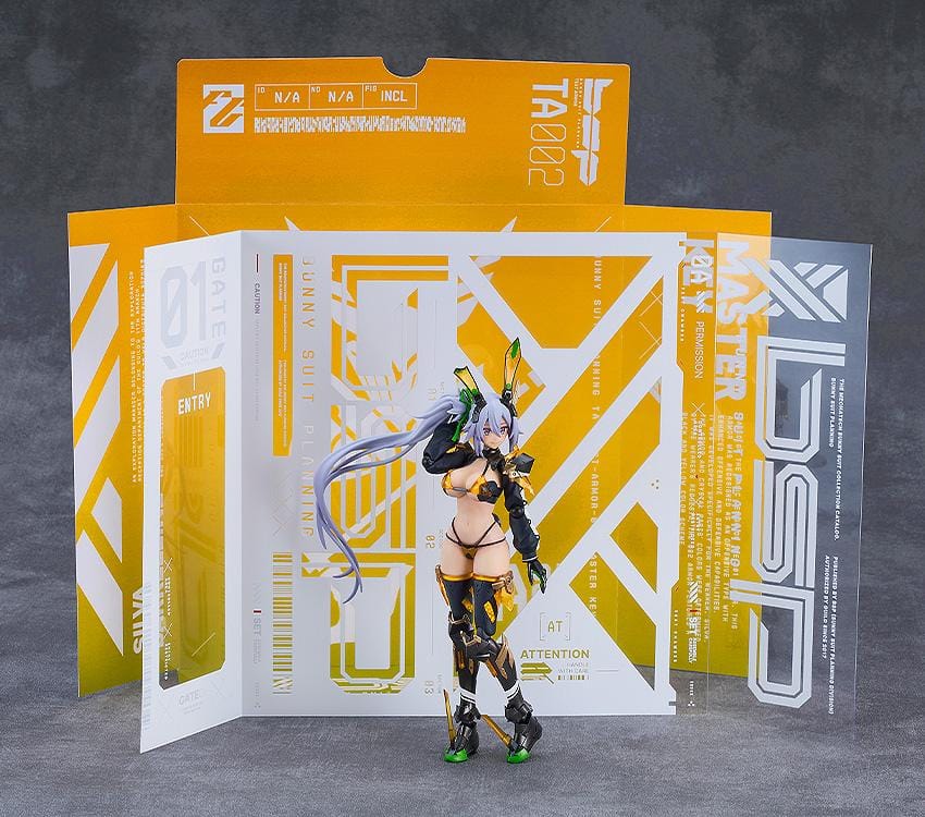 BUNNY SUIT PLANNING figma Silva Barrelline Figure featuring Silva with lavender hair, black-and-gold armored bunny suit, mechanical armor details, and large weapon accessory.