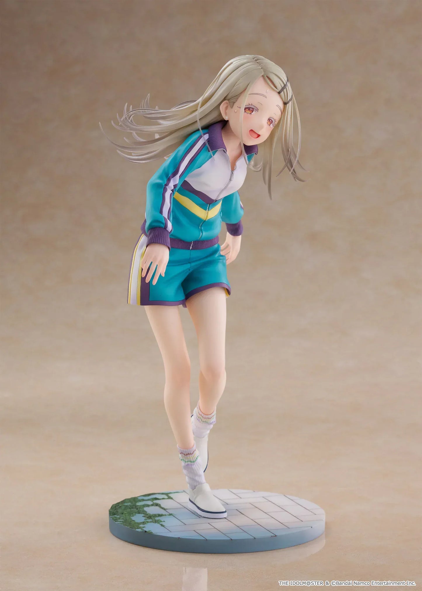 Gakuen Idolmaster Hiro Shinosawa 1/7 scale Spiritale figure in a teal gym tracksuit running pose on a tiled base