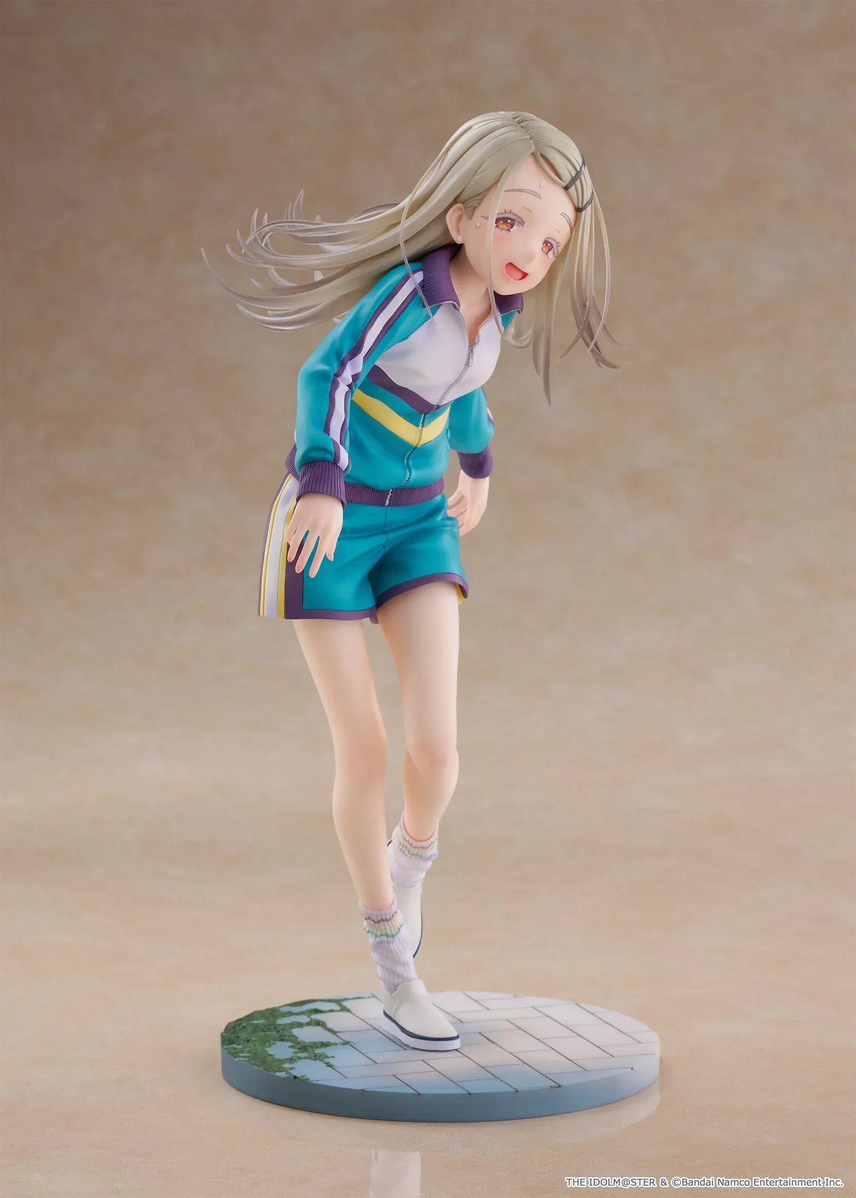 Gakuen Idolmaster Hiro Shinosawa 1/7 scale Spiritale figure in a teal gym tracksuit running pose on a tiled base