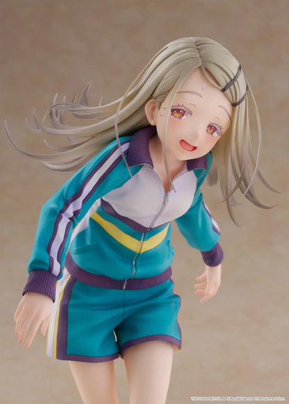 Gakuen Idolmaster Hiro Shinosawa 1/7 scale Spiritale figure in a teal gym tracksuit running pose on a tiled base
