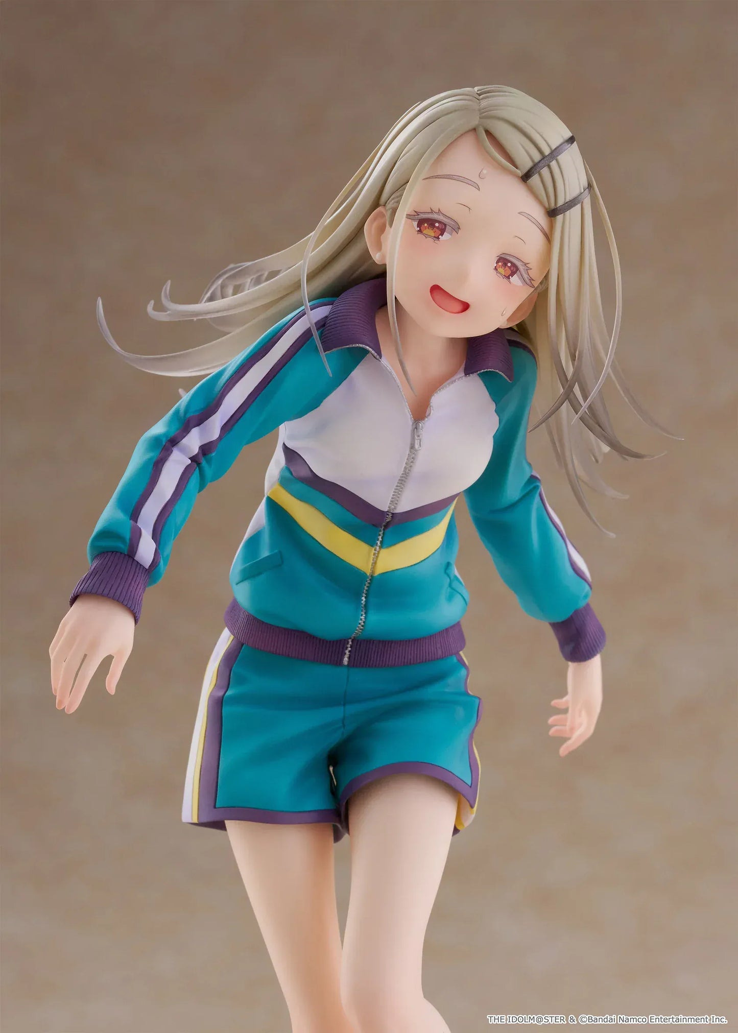 Gakuen Idolmaster Hiro Shinosawa 1/7 scale Spiritale figure in a teal gym tracksuit running pose on a tiled base