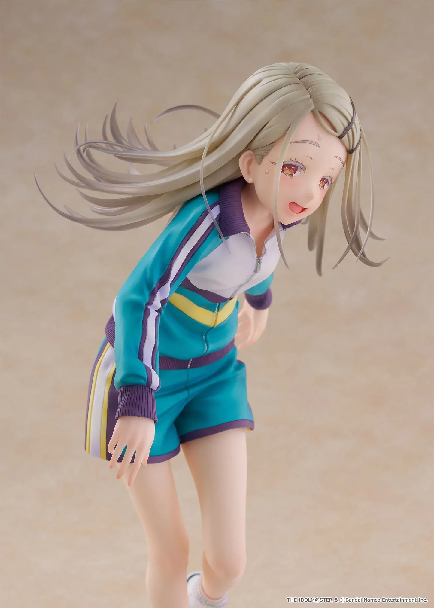 Gakuen Idolmaster Hiro Shinosawa 1/7 scale Spiritale figure in a teal gym tracksuit running pose on a tiled base