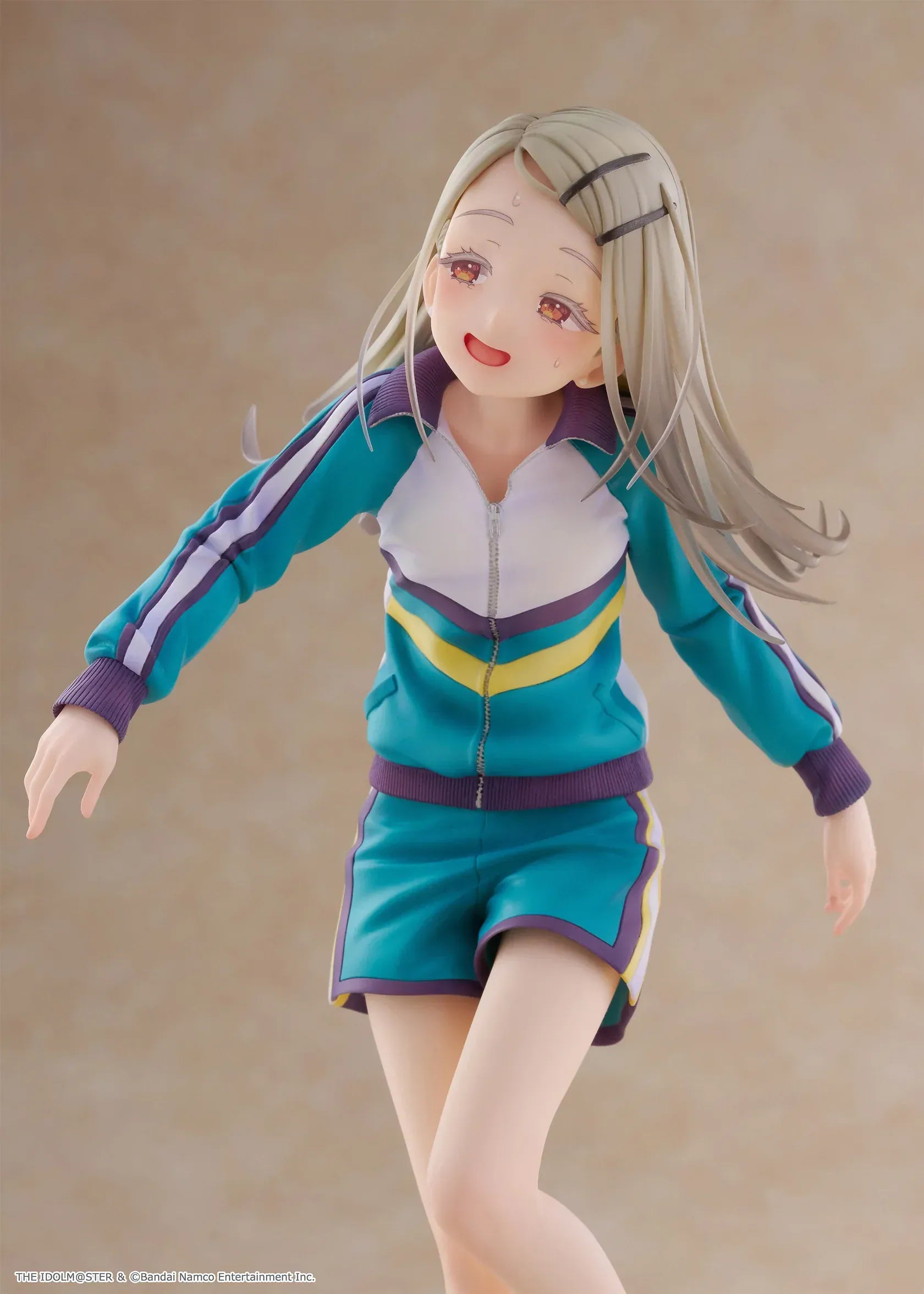 Gakuen Idolmaster Hiro Shinosawa 1/7 scale Spiritale figure in a teal gym tracksuit running pose on a tiled base