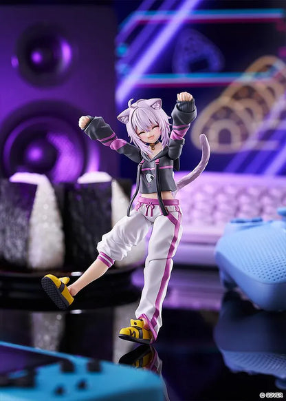 hololive production figma Nekomata Okayu Figure with lavender hair, cat ears and tail wearing her signature black purple and white outfit