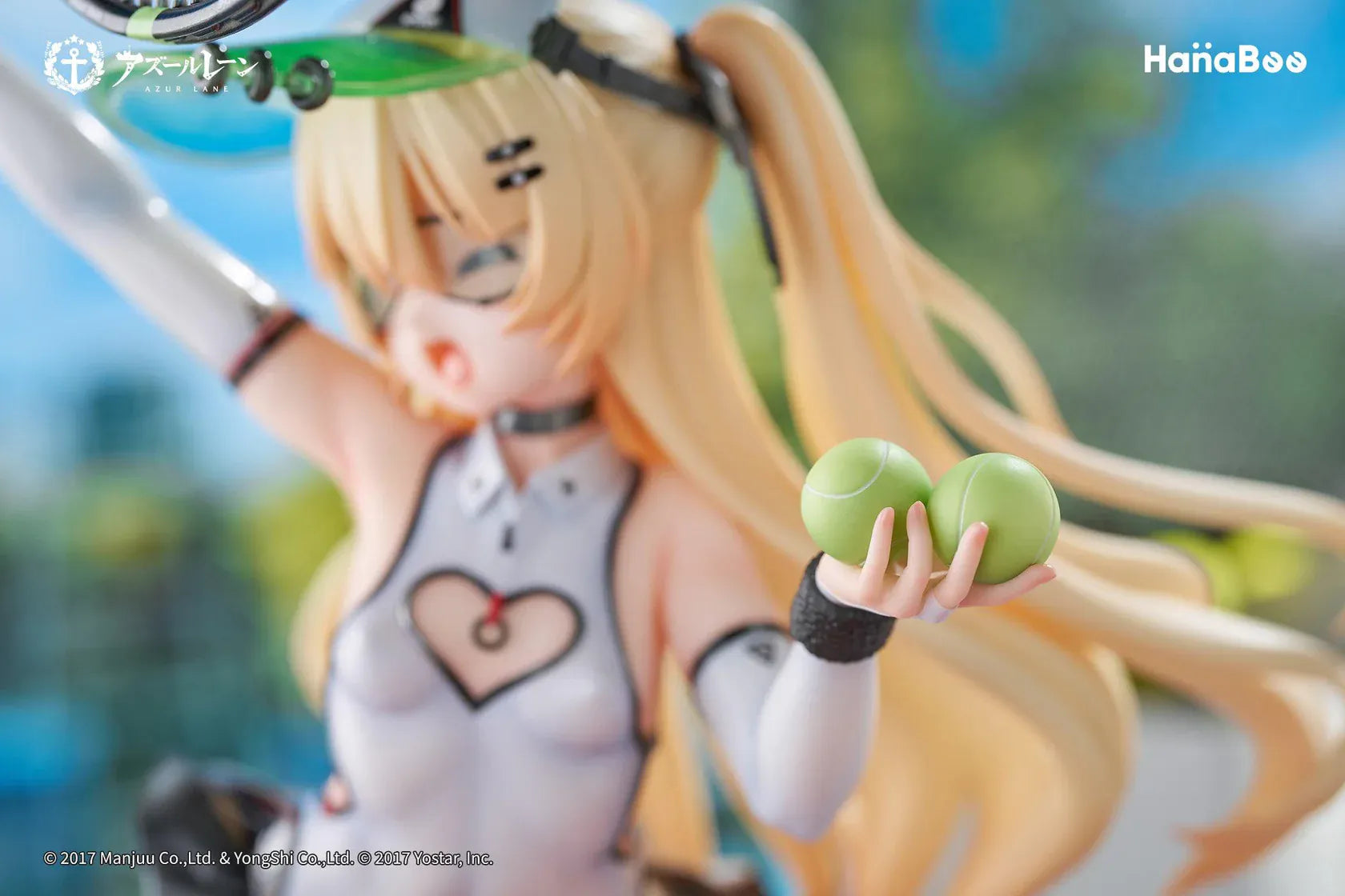 Azur Lane Bache Showy Sports Star Deluxe Ver. 1/6 Scale Figure featuring Bache in a tennis-inspired outfit with racket, tennis balls, display base, bonus artwork, and character can badge.
