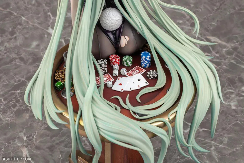 Soda Twinkling Bunny 1/4 scale figure seated in a black bunny outfit with sheer tights, mint-green twin tails, and tall bunny ears.