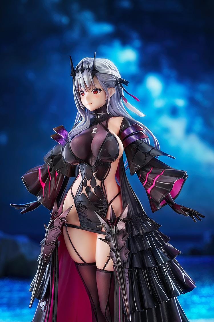 1/7 scale figure of Modernia from Goddess of Victory: Nikke in her Second Affection outfit, wearing a black coat with crimson lining and large mechanical wing units extending from her sides.