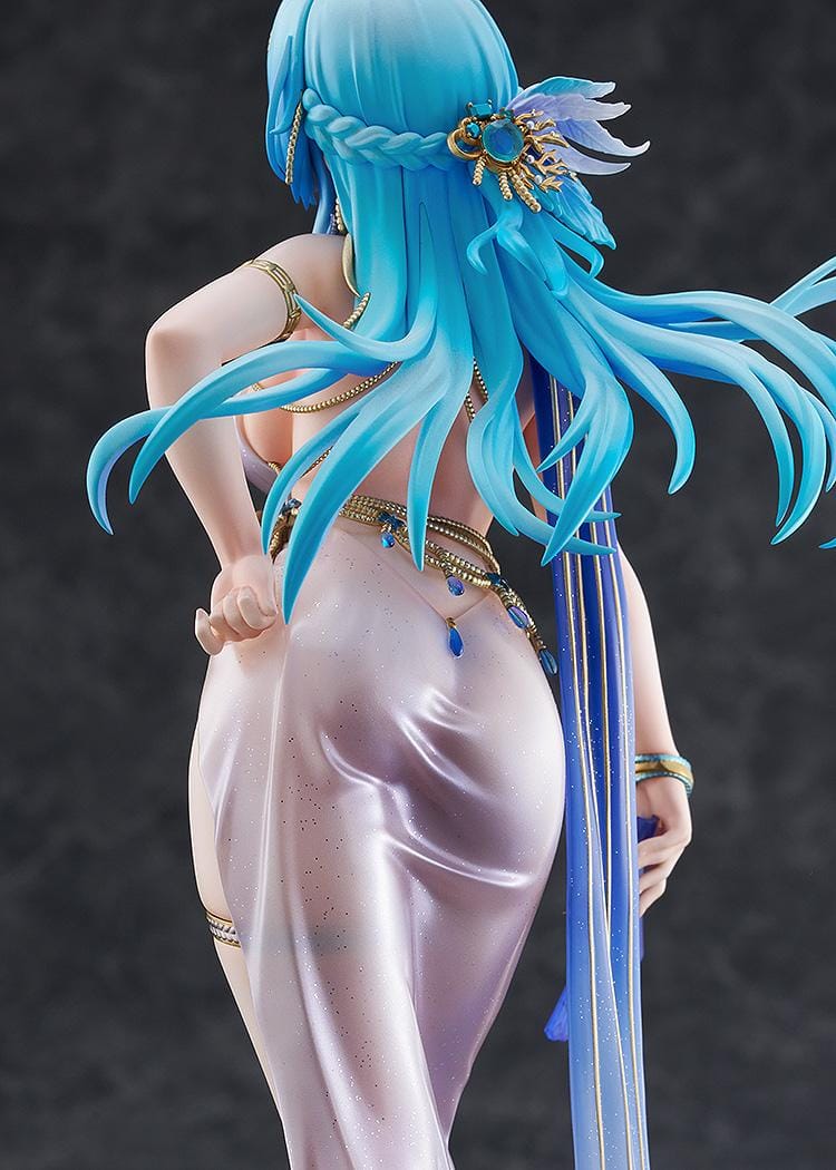 Goddess of Victory: Nikke Helm Chandelier 1/7 scale figure in shimmering pale dress with blue hair, gold accessories, and fan on ship-like base