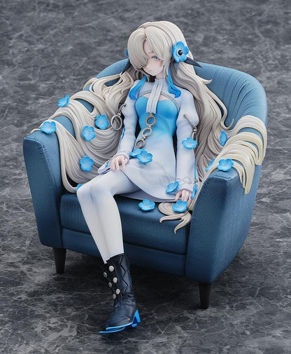 Isekaijoucho Universal Body Nemophila 1/7 scale figure sitting on blue chair with flowing silver hair and blue flower petals