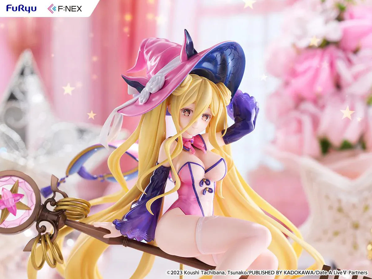 Date A Live V Mukuro Hoshimiya Witch Style Ver. 1/7 Scale Figure featuring Mukuro with long blonde hair, pink witch outfit, large witch hat, key-shaped staff, and magical display base.