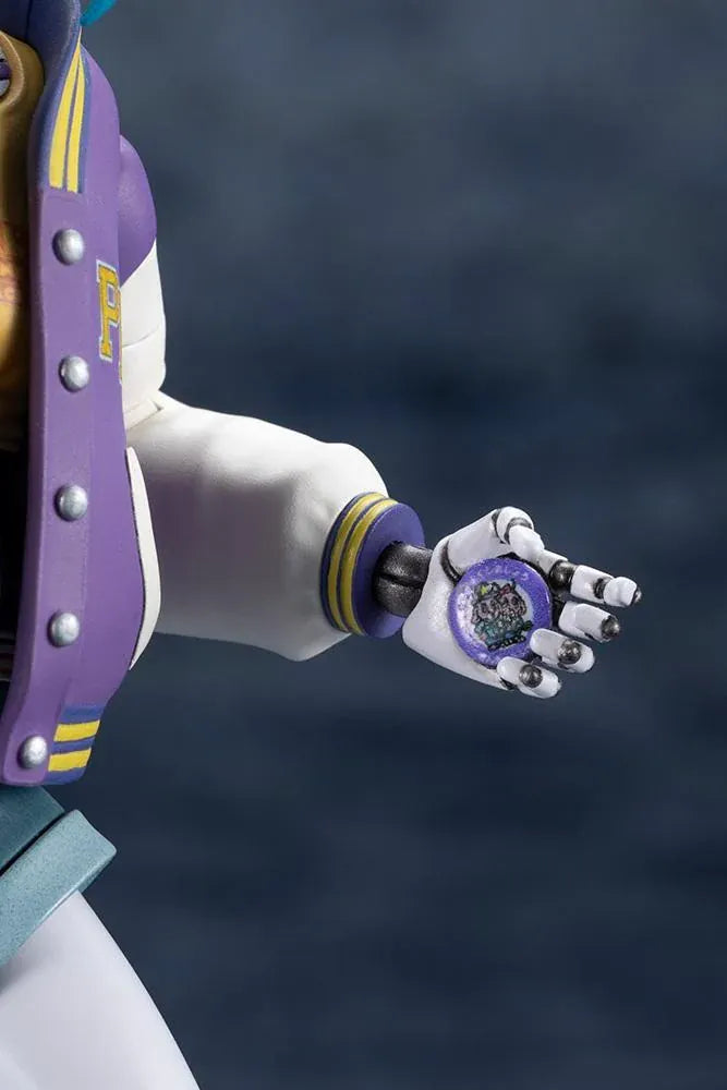 Milky Subway The Galactic Limited Express Makina Model Kit Figure featuring a robotic anime girl with black twin-tail hair, a blue-tinted face, a purple varsity jacket with white sleeves, denim shorts, mechanical arms and legs, burgundy socks, and black-and-white sneakers.