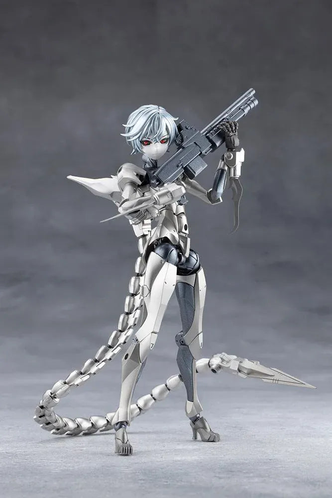 Megalomaria Unlimited Universe Wreckage Hunter model kit with white mechanical armor, a large rifle, weapon tail, and futuristic motorcycle.