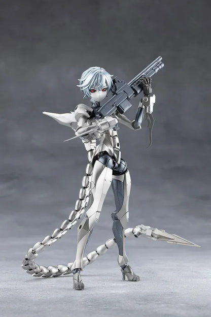 Megalomaria Unlimited Universe Wreckage Hunter model kit with white mechanical armor, a large rifle, weapon tail, and futuristic motorcycle.