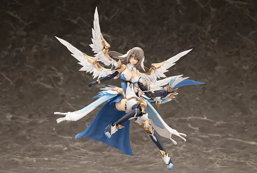 Assembled Arcanadea Ermeda model kit with long brown hair, white feathered wings, a blue and white outfit, gold armor accents, and armored boots.
