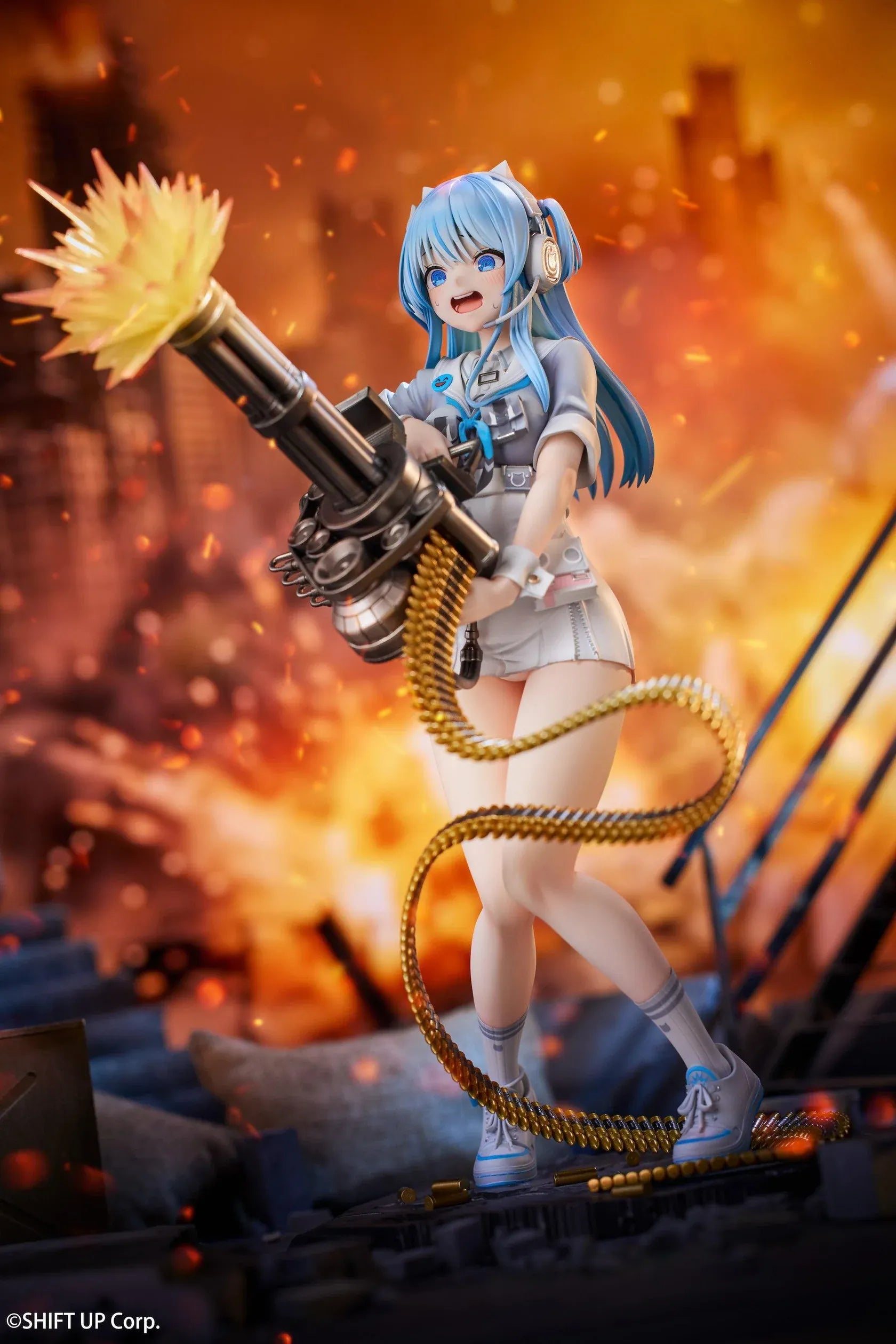 Goddess of Victory Nikke Shifty Illustration Panic Sight Deluxe Ver. 1/7 Scale Figure featuring Shifty with blue hair, tactical outfit, oversized weapon, firing effect, and ammo belt display details.