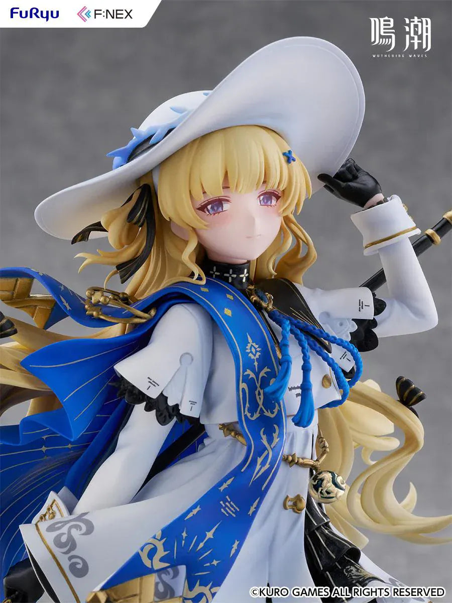 Wuthering Waves Phoebe 1/7 scale figure by FuRyu F:NEX featuring blue and white outfit with staff on floral garden base