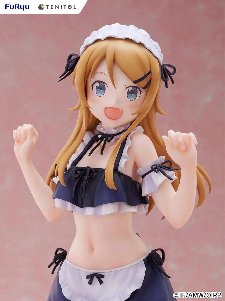 Oreimo Tenitol Tall Kirino Kousaka Swimsuit Maid Ver. Figure featuring Kirino in a navy and white maid swimsuit posing energetically by a beachside dessert setup