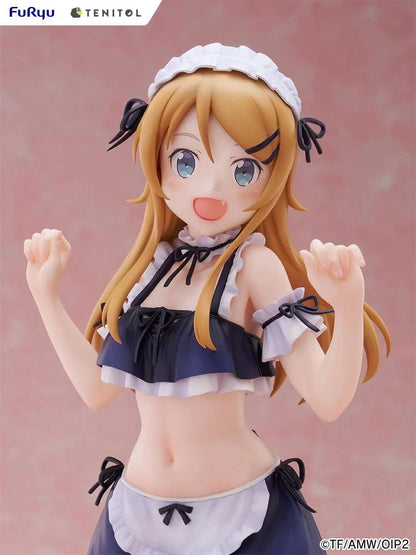 Oreimo Tenitol Tall Kirino Kousaka Swimsuit Maid Ver. Figure featuring Kirino in a navy and white maid swimsuit posing energetically by a beachside dessert setup