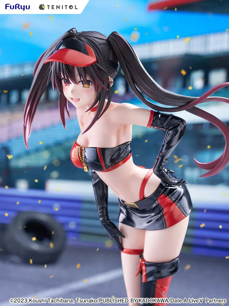 Date A Live V Tenitol Tall Kurumi Tokisaki Race Queen Ver. Figure featuring Kurumi with twin-tail hair, black-and-red race queen outfit, visor, gloves, and thigh-high boot styling.