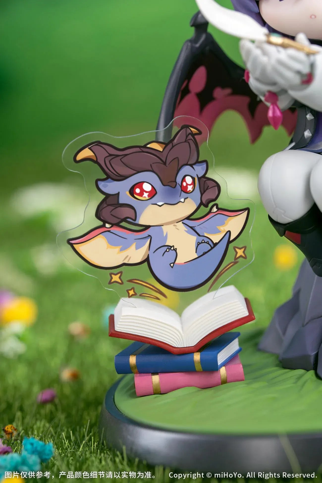 Genshin Impact Durin Floral Wanderings ver. with Bonus Non Scale Figure featuring Durin with lavender hair, horns, bat-like wings, books, companion illustration, and themed display base.