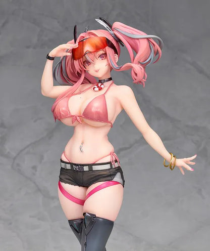 Azur Lane Bremerton 1/7 scale figure with pink twin tails, orange goggles, a navy coat, black shorts, and tall boots in a saluting pose.