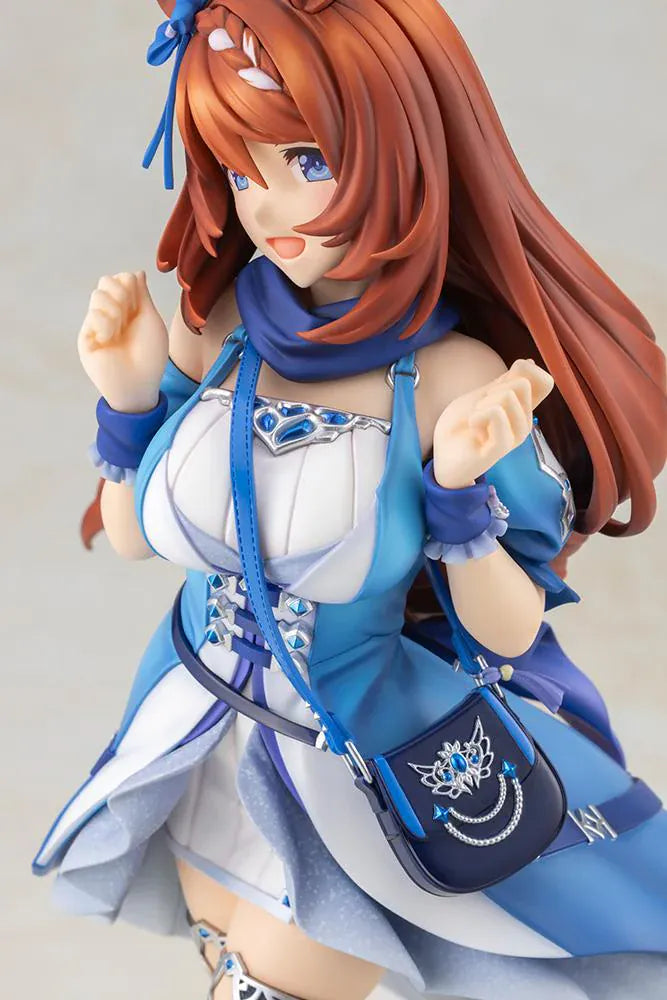 Uma Musume Pretty Derby Super Creek 1/7 Scale Figure featuring Super Creek in a blue-and-white outfit with red hair, horse ears, tail, and a cheerful pose on a themed base.