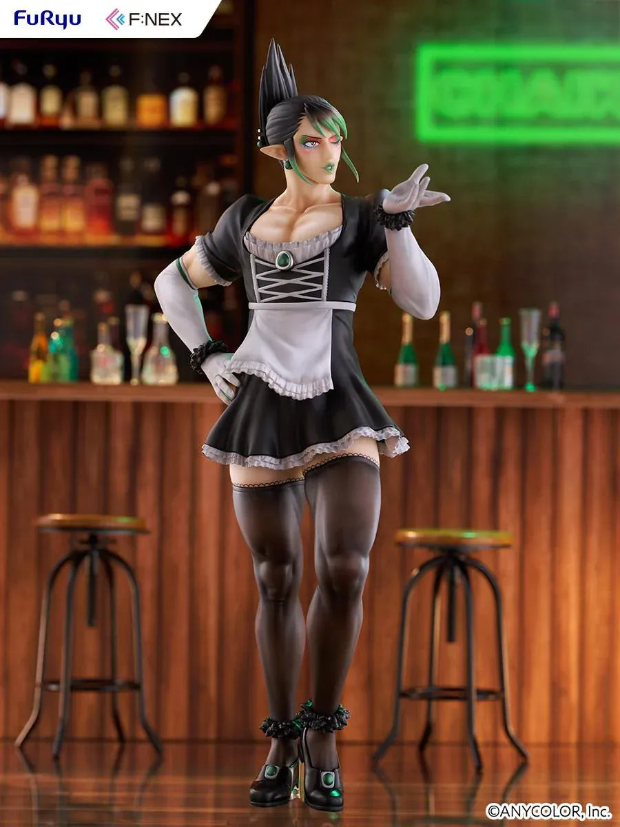Hanabatake Chaika 1/7 Scale Figure by FuRyu F featuring a VTuber with tall black hair, green highlights, pointed ears, and a black and white maid outfit with white gloves, dark stockings, and black heels on a green circular display base.