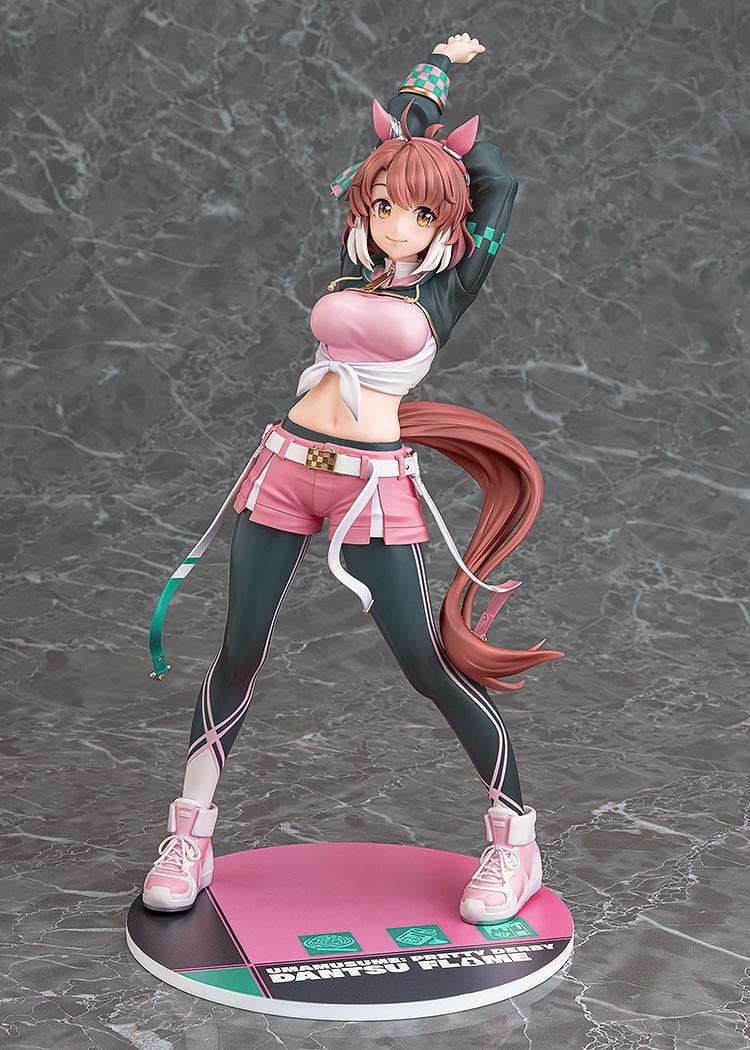 Uma Musume Pretty Derby Dantsu Flame 1/7 scale figure in pink athletic outfit with dynamic stretching pose and themed base