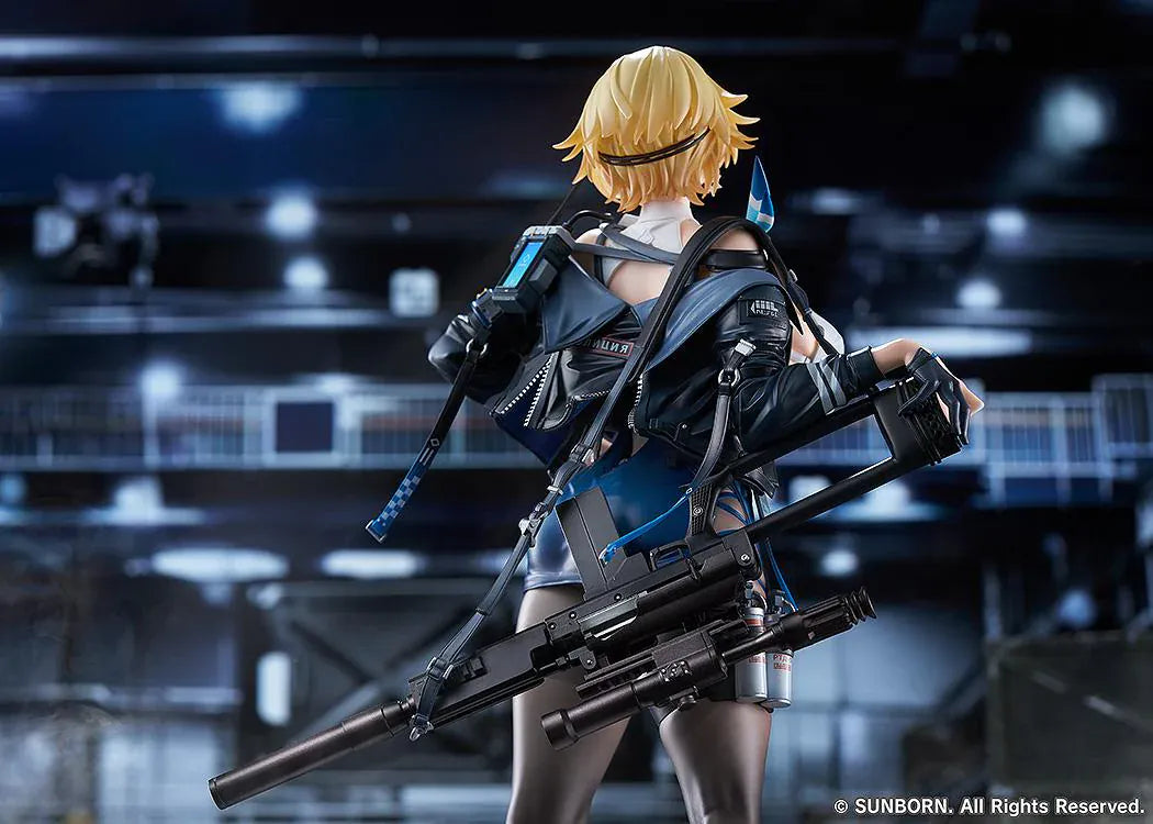 Girls' Frontline 2 Exilium Nikketa 1/6 Scale Figure with blonde hair, blue tactical outfit, weapon accessory styling, stockings, and display base